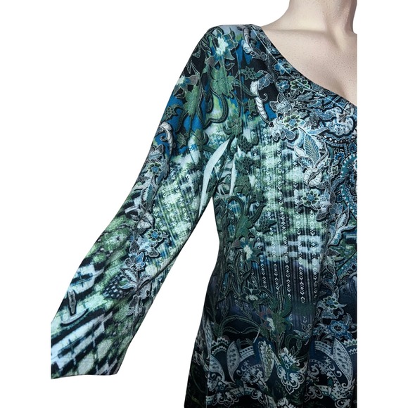 World Unity Top Blue Green Paisley Print Rhinestone V-Neck 3/4 Sleeve Tunic XXL - Picture 3 of 9